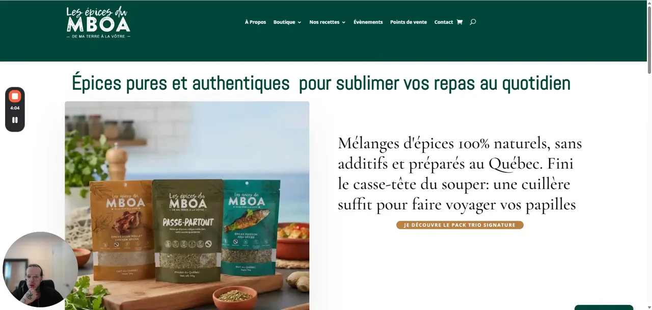 Joey Hamond en train d'enregistrer un mini-diagnostic SEO en vidéo : le site du client à l'écran, la webcam et le minuteur d'enregistrement visibles